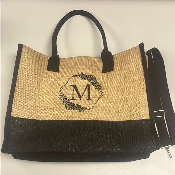 Monogrammed letter M Black and Tan burlap large zip Tote Bag w/ strap preowned - Picture 1 of 12